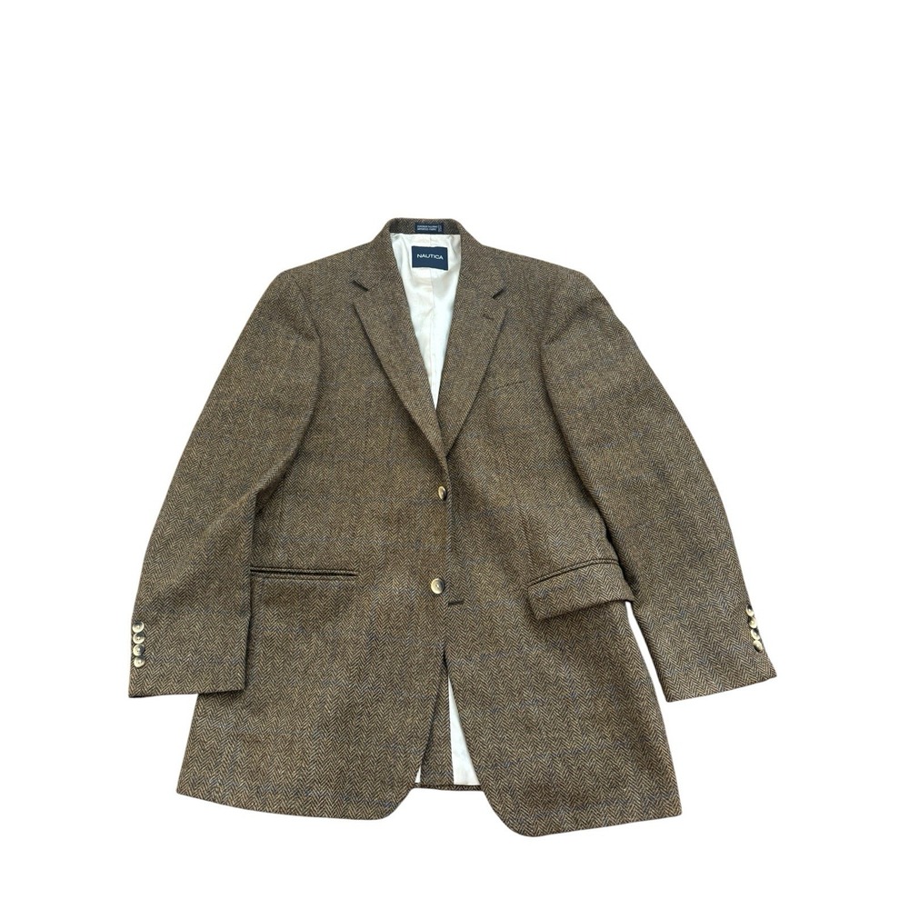 Nautica Blue Brown Tweed Men's Blazer 100% Wool 42L Long